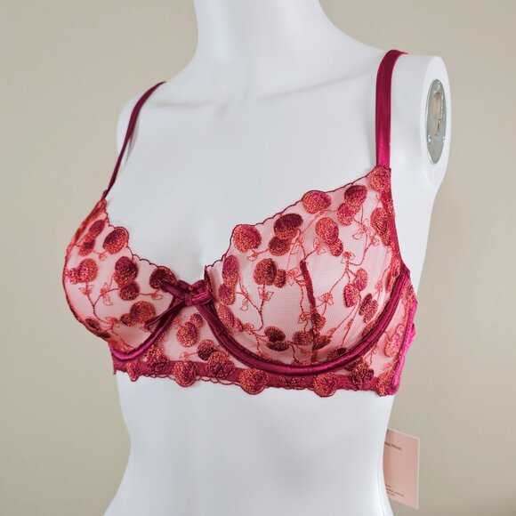 Muse by Coco de Mer Naomi Cherry Embroidered Underwired Plunge Bra, Size 30DD - Picture 2 of 7